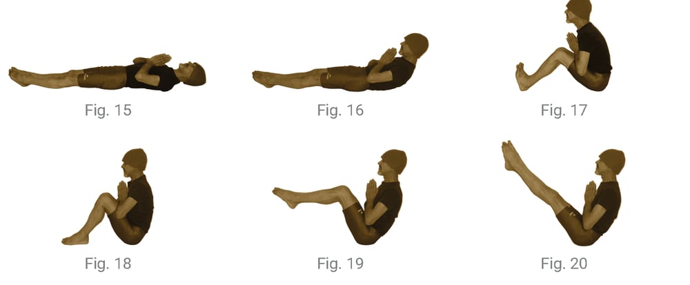 The Navasana Namaskar progression demonstrating Autonomous Muscle Tension — building the boat pose from Savasana with internal strength alone