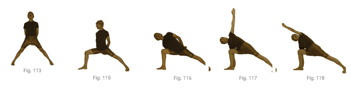 The five phases of Utthita Parsvakonasana approached with the Asana Approach Technique — establishing the base, rotating it, the lateral Pelvic Hug, Ardha Utthita Parsvakonasana, and the full posture